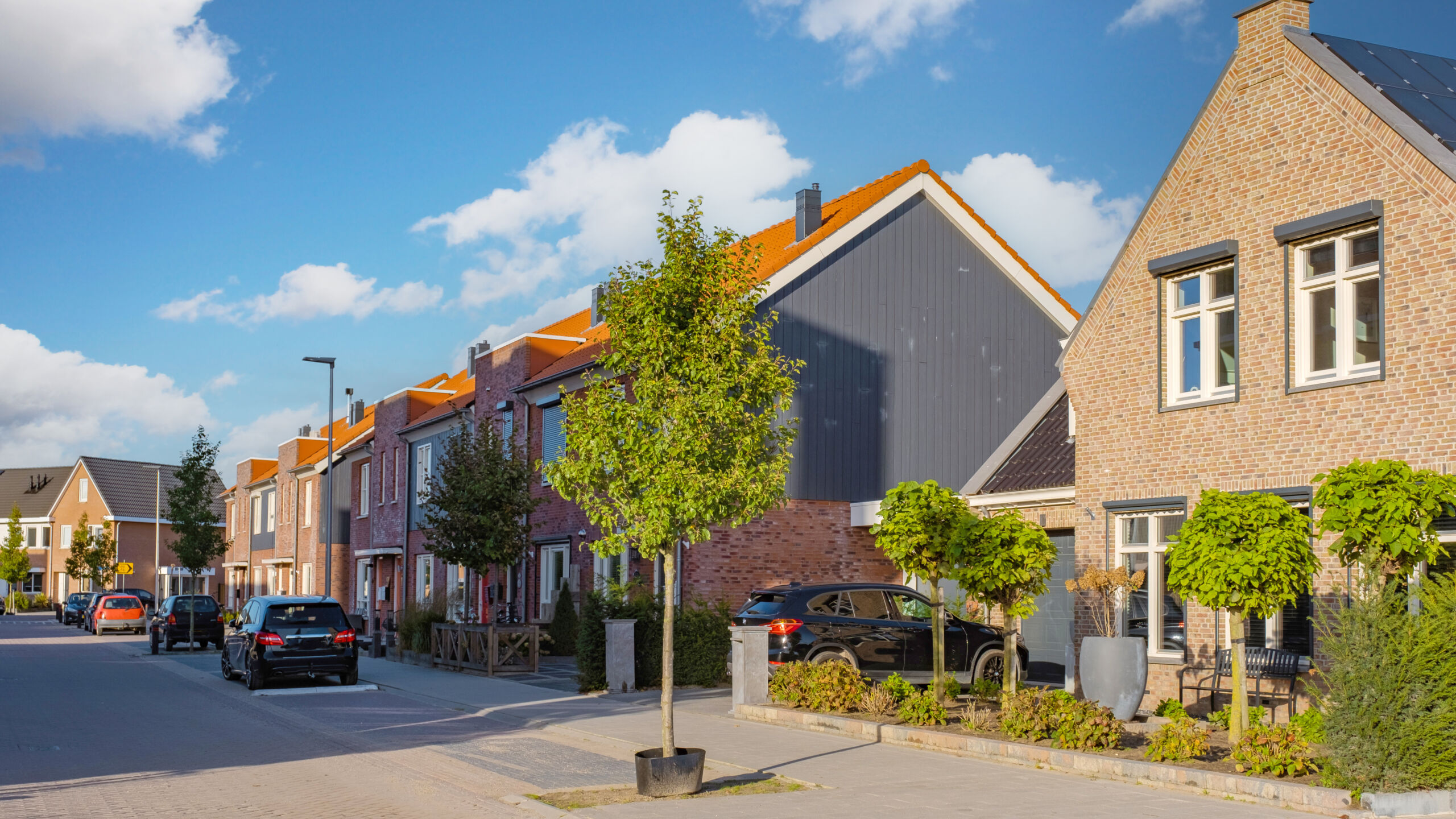 Dutch Suburban area with modern family houses, newly build moder